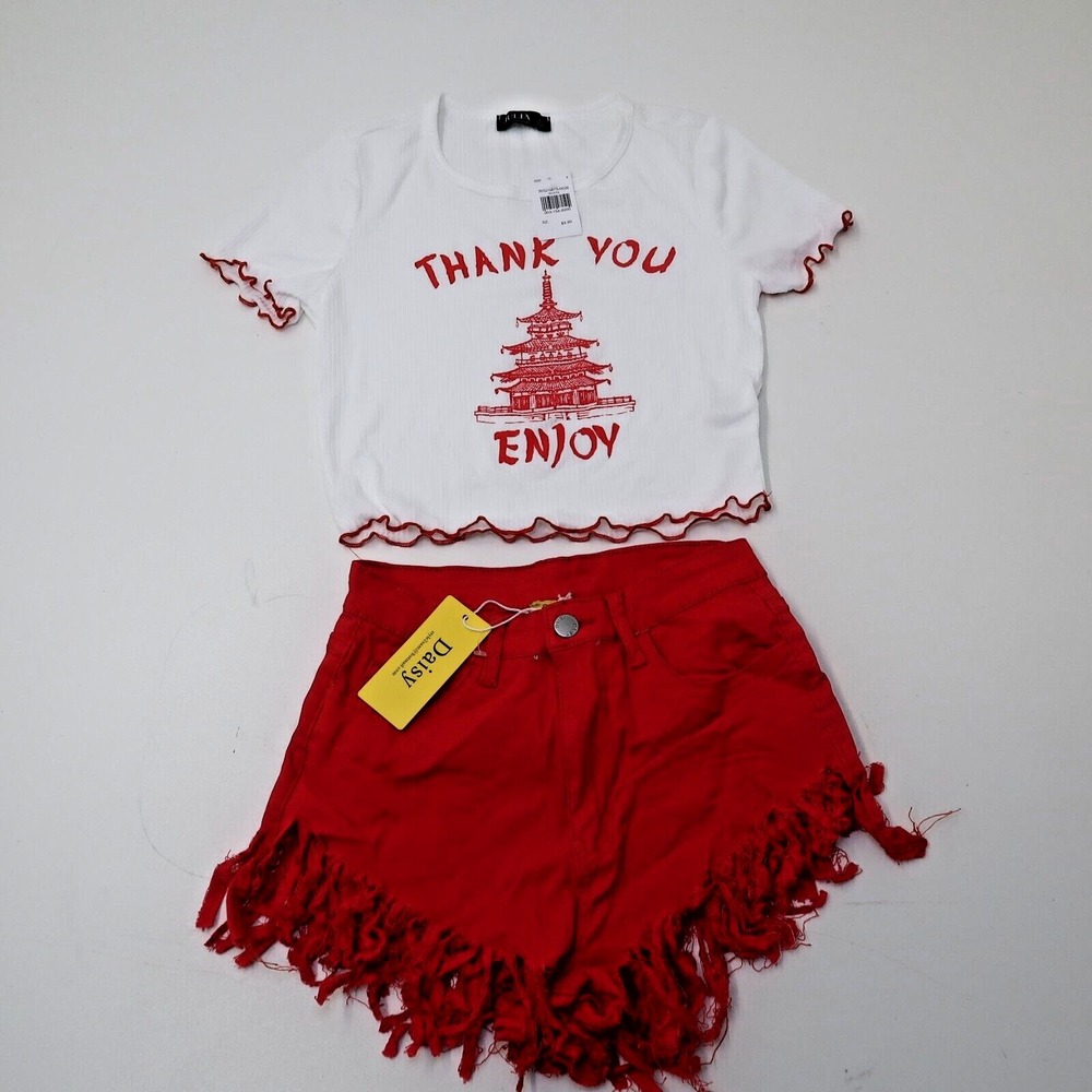 Chinese Take Out Thank You Enjoy Ribbed Top & Daisy Dukes Fringe Red Shorts Smal